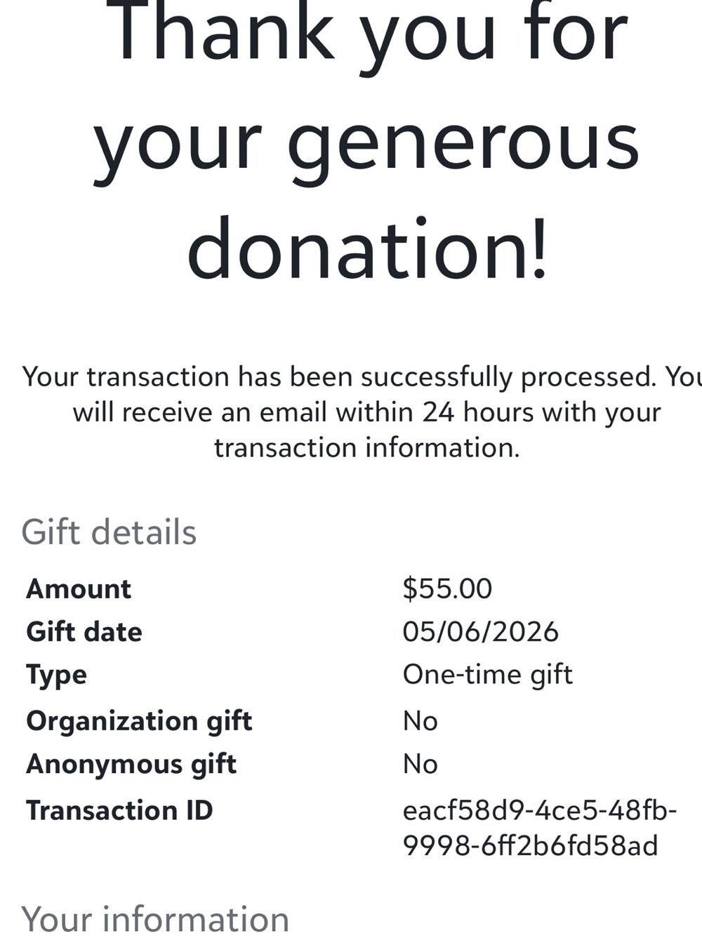 Donation receipt for Autism and Neurodivergent Awareness